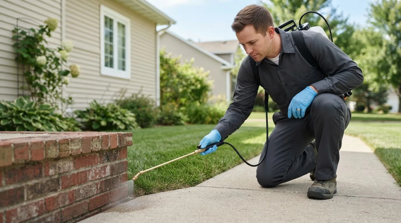 Pest control technician treating a home near Scandia, MN