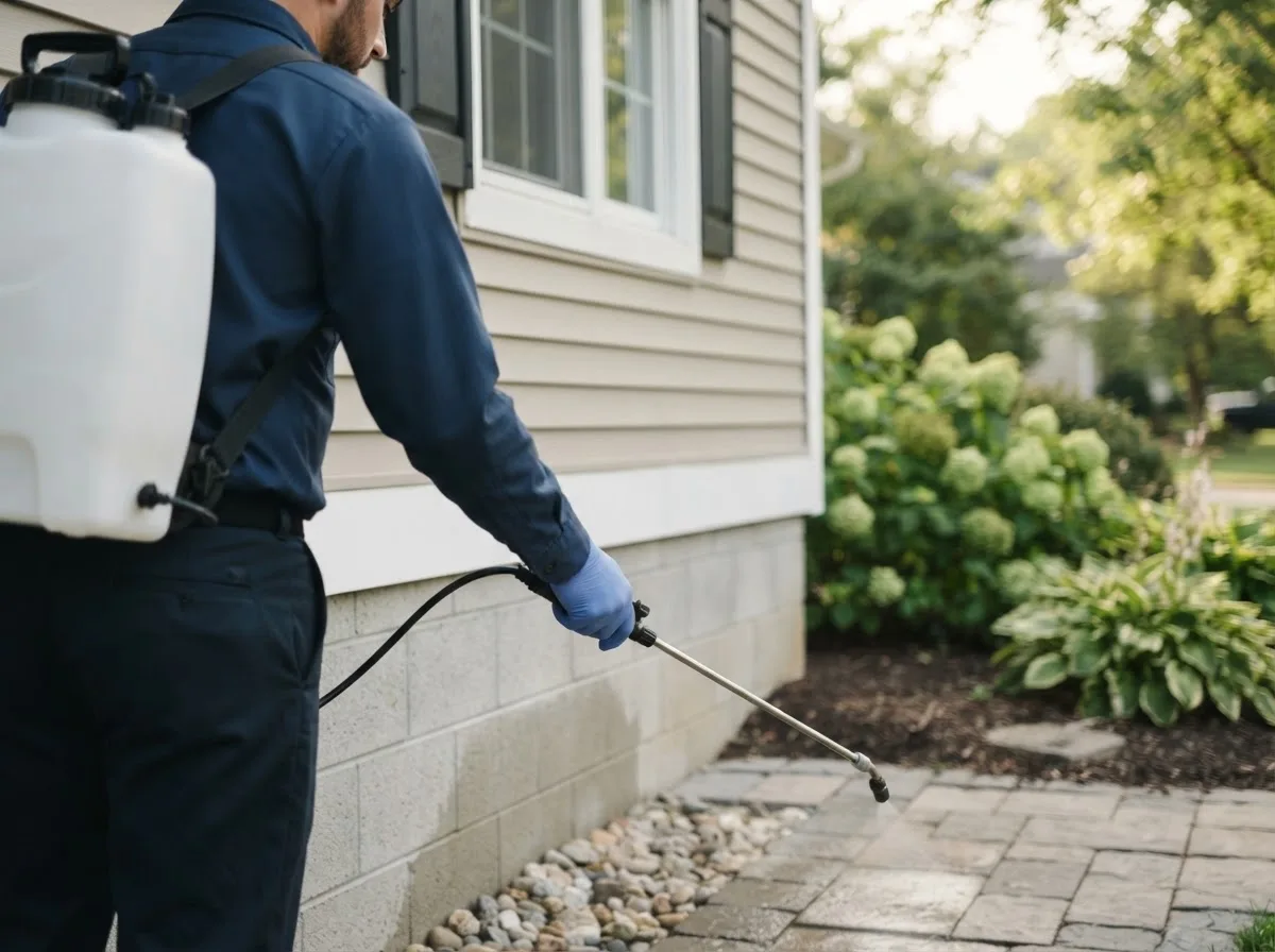 Pest control technician inspecting a home in Scandia, MN
